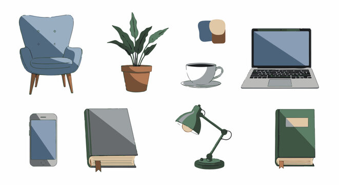 A modern workspace setup featuring a chair, plant, coffee, laptop, phone, books, and lamp