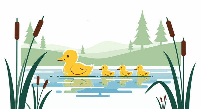 A mother duck and her ducklings glide across a tranquil blue pond