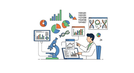 Obraz premium Scientist analyzing data and DNA with charts and microscope