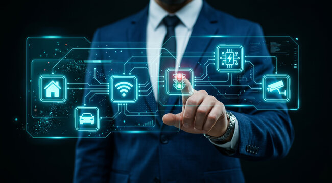 Businessman Touching Holographic Smart City IoT Interface Home Wifi Traffic Light Car Security Camera Chip Network Digital Technology Concept