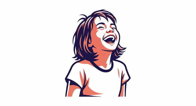 A joyful young girl with eyes closed and mouth open in laughter, her hair tousled