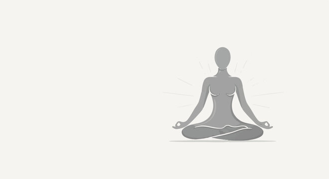 A gray silhouette of a person meditating in a lotus pose, with light radiating outward
