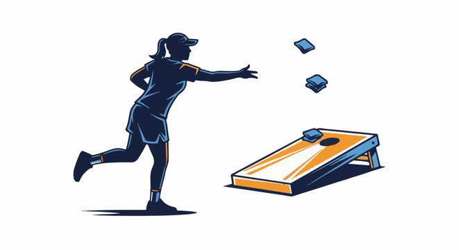 A person throws bags towards a target board in a game