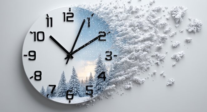 The clock indicates daylight savings time within a winter setting