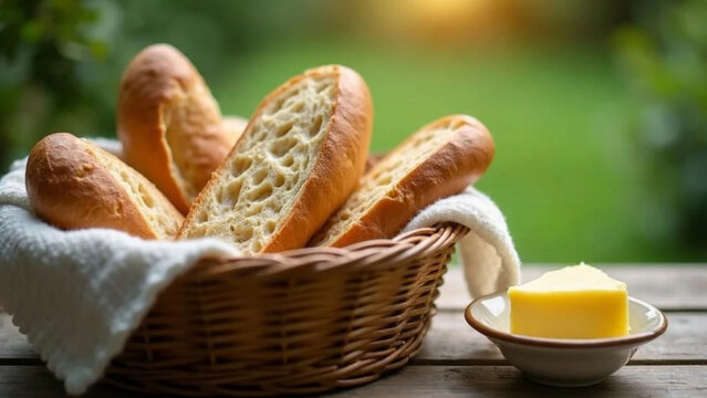 Fresh bread in a wicker basket and fresh butter. 