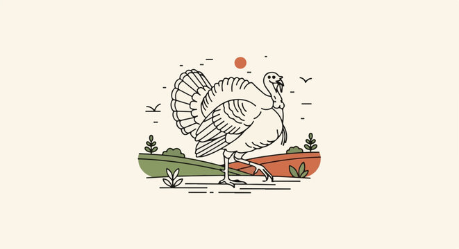 A minimalist outline illustration of a turkey walking through a rural landscape