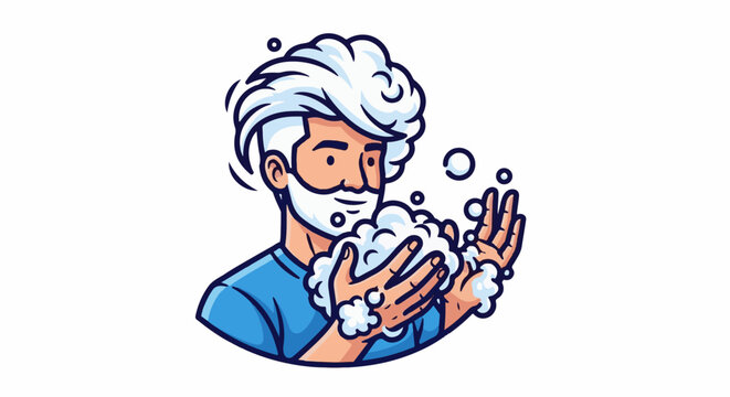 A man with white hair and beard washes his hands with soap bubbles