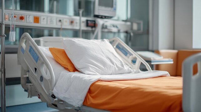 Hospital bed in a hospital room. the bed is white with an orange blanket and two white pillows. there are medical equipment in the background, including a monitor and a saline bottle.