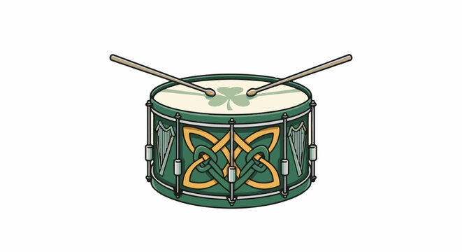 A green marching drum with shamrock and Celtic knot designs, and drumsticks