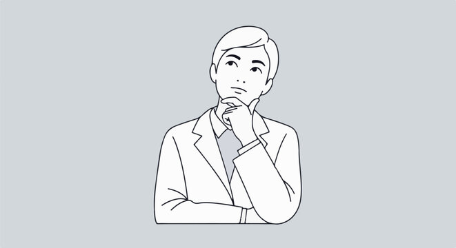 A man in a suit with his chin resting on his hand, looking up thoughtfully