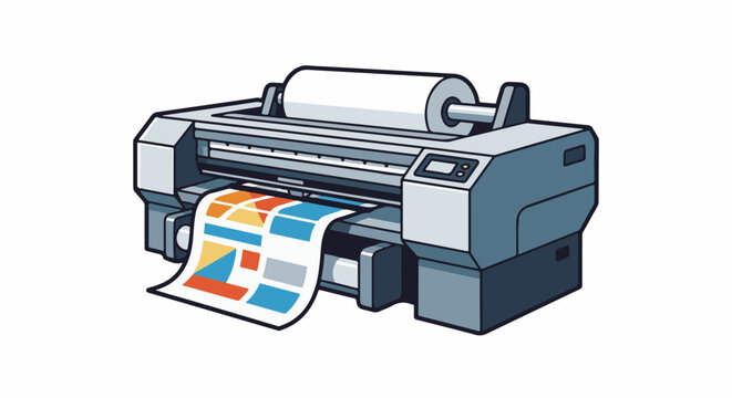 A large printer outputs a colorful graphic onto a roll of paper