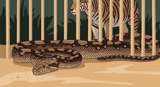 A large snake coiled on sandy ground behind bars, with a tiger visible in the background