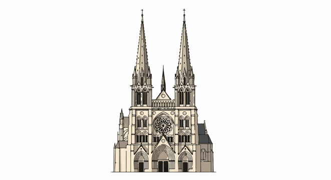 A grand gothic cathedral with two tall spires, intricate stonework, and a rose window