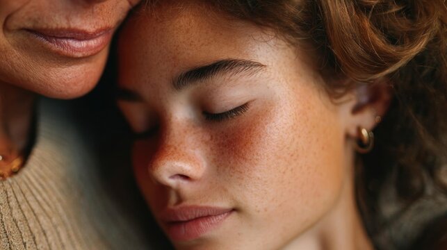 Close-up portrait of a mother and daughter. the mother is on the left side of the image, with her head resting on the daughter's shoulder.
