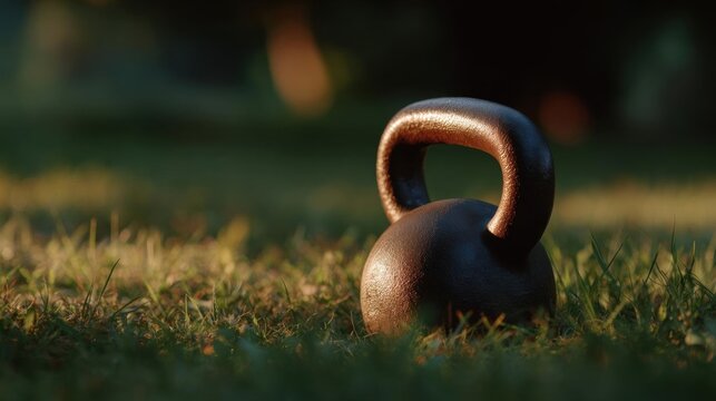 Kettlebell lying on a grassy lawn. the kettlebell is made of metal and has a curved handle on top. the background is blurred, but it appears to be an outdoor setting with trees and greenery.