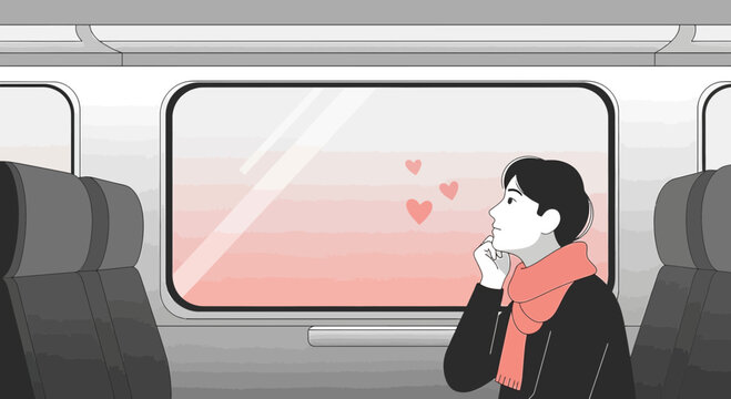 Man on train dreaming of love, hearts in window reflection