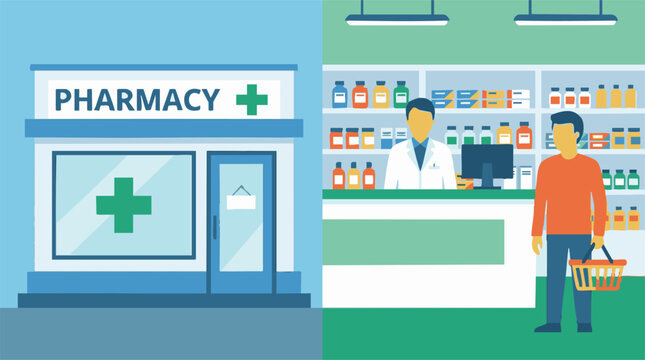 Pharmacy concept: exterior store view and interior with pharmacist, customer
