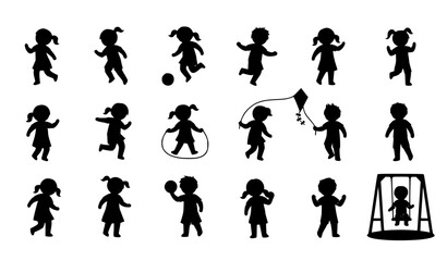 Children playing silhouettes vector set black kids outdoor activity playground collection © MstKamrun