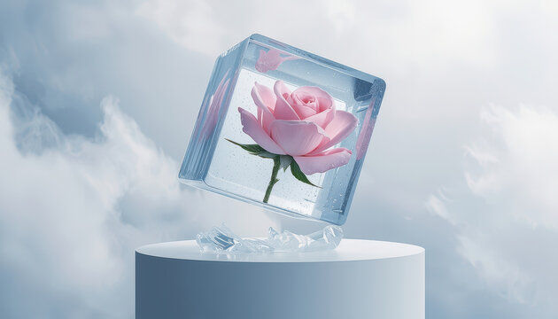 Abstract surreal commercial concept of a giant levitating ice cube containing a blooming pink rose melting into thick liquid glass. Perfect for sub-zero skincare and cryo-beauty cosmetics marketing.