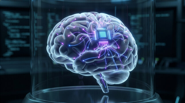 Human Brain with Implanted Microchip and Glowing Neural Connections Inside Glass Container Neurotechnology and AI Concept 3D Render