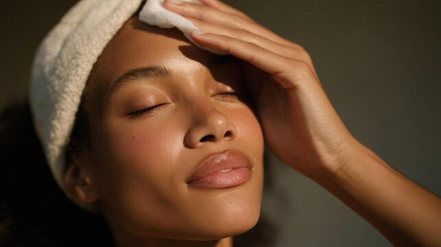 Close-up portrait of a young woman with her eyes closed and her head resting on her hand. she is wearing a white towel wrapped around her head, covering her forehead and forehead.