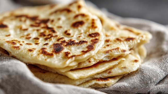 Close-up of golden fried Hungarian langos bread stacked on a textured cloth surface