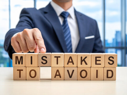 mistakes to avoid - Geschäftsmann zeigt auf den Text "mistakes to avoid"
