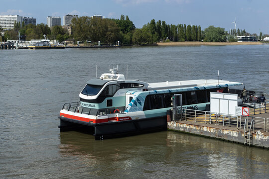 ANTWERP, BELGIUM, 14 APRIL 2026: The Waterbus, public water taxi service on the Scheldt River in Antwerp. The service operates between Hemiksen and Lillo bringing passengers to the centre of the city.
