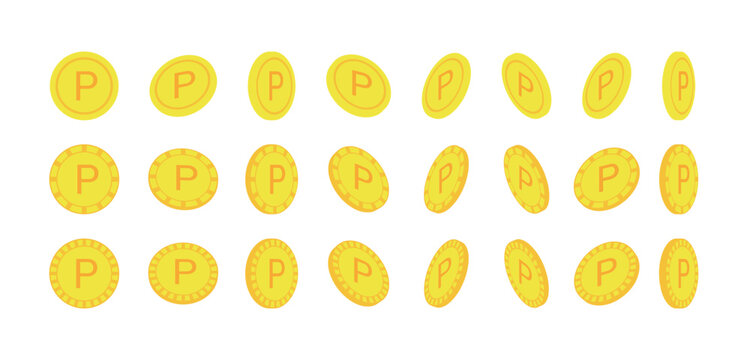 Set of 24 rotating gold coins with letter P. Vector illustration of spinning golden point tokens at different angles for games, finance, and reward programs isolated on white background.