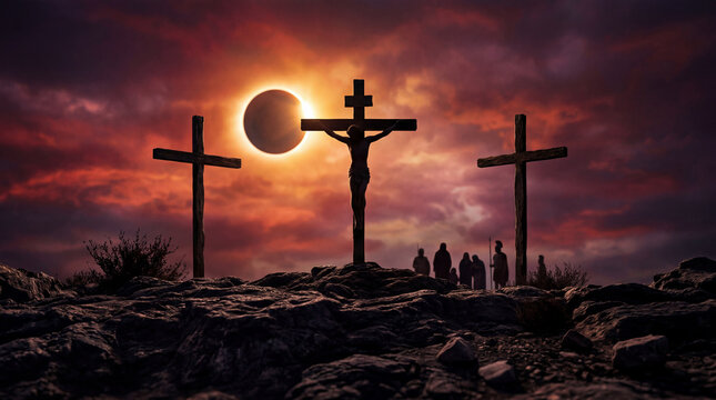 Dramatic eclipse casts shadow over crucifixion scene with Jesus and two thieves