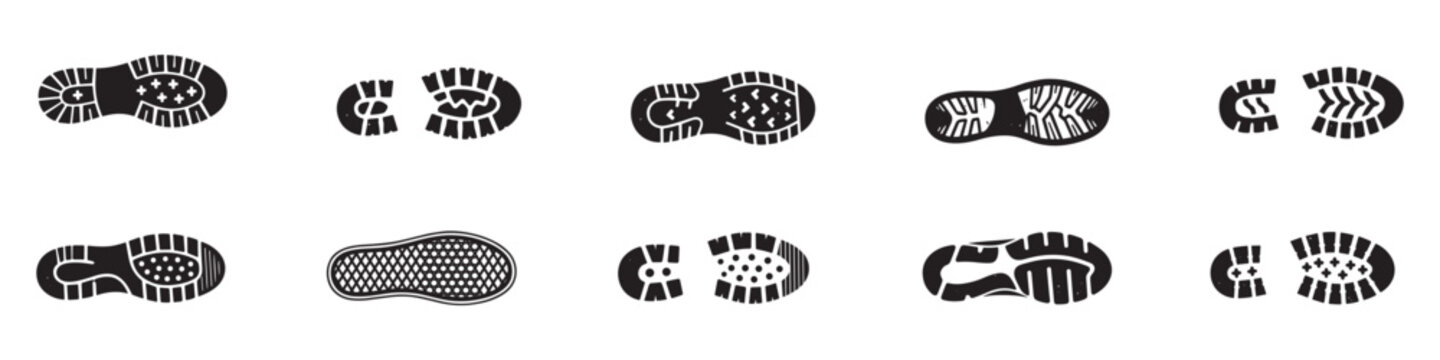 Shoes Footprint icon set. Set of Boot and Shoe Sole Footprint Tread Vectors. Vector Illustration.