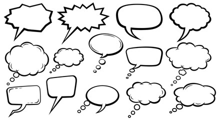 Fototapeta premium A comprehensive set of vector comic speech bubbles and cartoon thought clouds featuring various chat box designs and talk balloon symbols for creative communication and dialog illustration