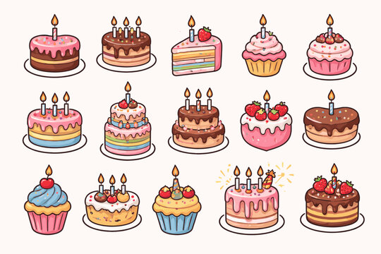 Set of Cute Birthday Cake and Cupcake Icons, Vector Illustration of Celebration Desserts with Lit Candles, Strawberries, and Sprinkles, Flat Design Elements for Party Invitations and Decor.