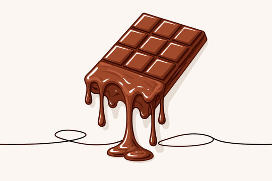 Melting chocolate bar illustration with liquid dark cocoa dripping down on a continuous line background, sweet dessert snack graphic, cocoa butter treat, delicious food vector art design element.