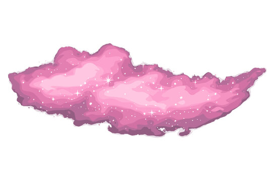 Magical Pink Cloud with Glowing Particles and Sparkling Stars, Ethereal Fairy Smoke or Dreamy Nebula Isolated on Transparent Background, Fantasy Mist with Glitter and Shine Vector Illustration