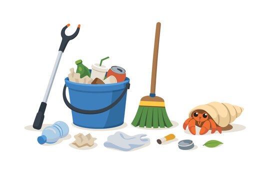 Environmental cleanup vector illustration featuring a grabber, blue bucket filled with garbage, broom, and scattered litter like plastic bottles and bags, with a cute hermit crab in a shell.