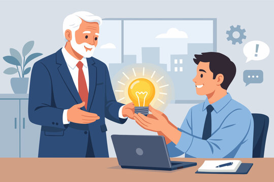 Senior Businessman Mentoring Young Employee by Sharing a Creative Idea and Solution. Manager Giving Glowing Lightbulb to Colleague in Office. Leadership, Coaching, and Innovation Concept Vector.