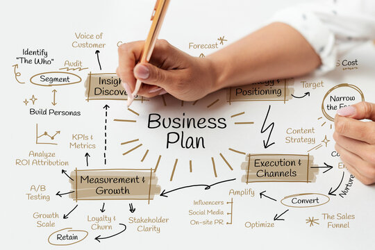 Hand-drawn business plan with key terms like Insight Discovery and Execution.