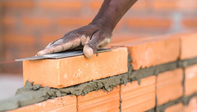 Bricklayer Hand Close-up: Skilled worker laying bricks with trowel, building wall
