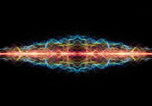 Colorful abstract digital visualization of deep resonant wave energy fields interacting across a dark background generating complex oscillating patterns, technology, vivid, abstract art