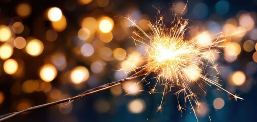 Fototapeta premium The Sparkler Casting Golden Sparks Against Soft Bokeh Lights in a Festive Night Scene