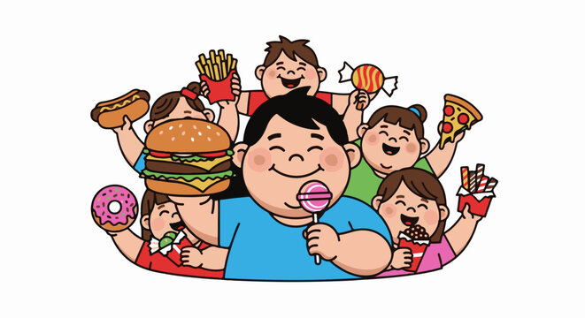 A group of children joyfully indulge in various unhealthy snacks, celebrating