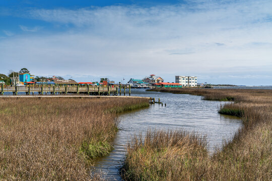 view of the salt marsh and historic downtown of Southport on the Intracoastal Waterway