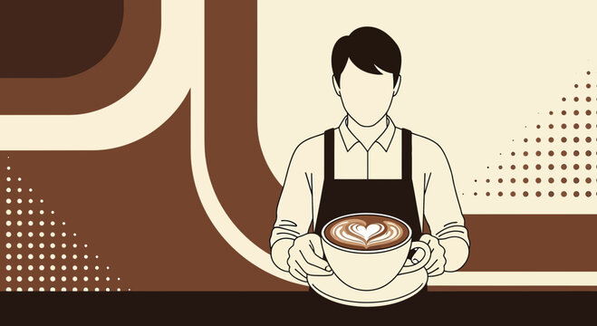Barista Serving Latte Art Coffee Cup with Heart Design