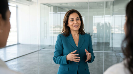 Obraz premium Experienced female executive smiling while speaking confidently in modern glass office, conveying leadership and approachability
