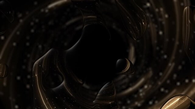 Abstract liquid motion luxury background with glittering golden stardust particles flowing through fluid morphing glossy blob shapes. Full HD looping animation ideal for luxury branding and events.