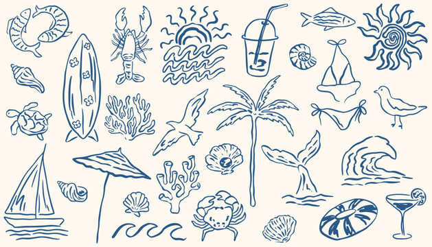 Hand drawn coastal doodle summer set. Chalk naive beach and sea elements, palm trees, waves, sun, surfboards, sea shell. Vector illustration perfect for designs, t-shirts, posters, and placards prints