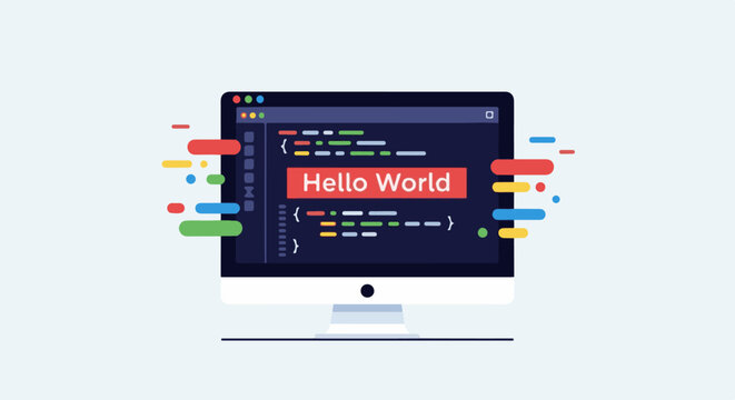 A flat illustration of a computer screen displaying "Hello World" code