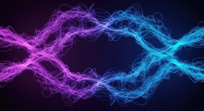 A futuristic abstract background featuring vibrant blue and purple light streams forming complex network patterns and flowing dynamically, connection, energy, particle