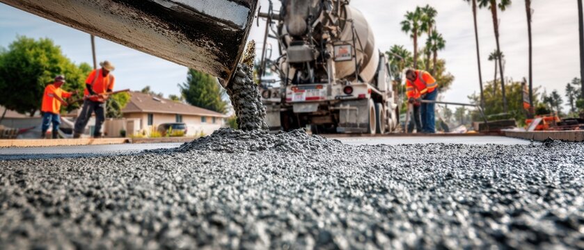 The Concrete Pouring Team Resurfacing a Neighborhood Street With Mixer Truck